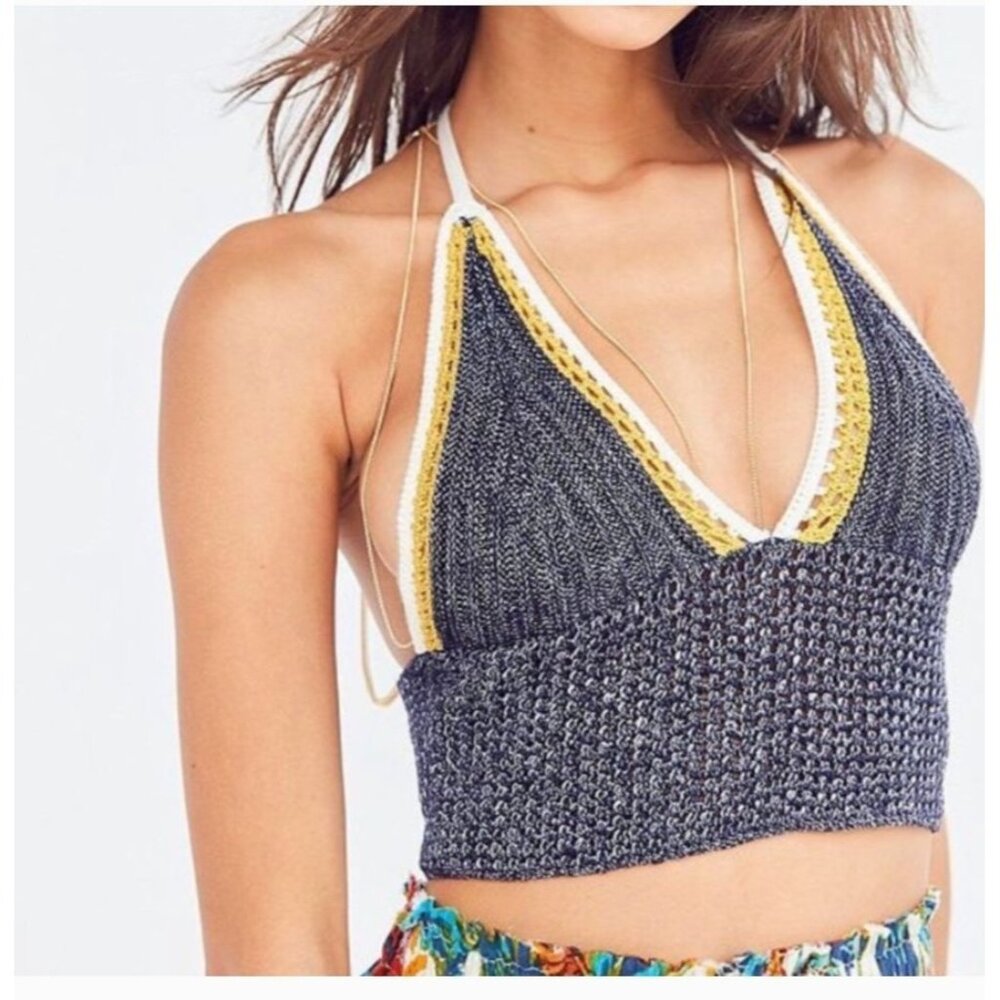 Kimchi Blue Womens Crochet Halter Crop Top Size S Rayon & Polyester Black & Yell